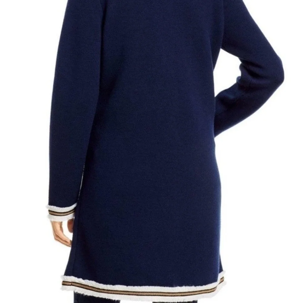 Tory Burch Wool Kendra Fringe Trimmed Sweater Coat Navy Sz M Heavy Weight Preppy